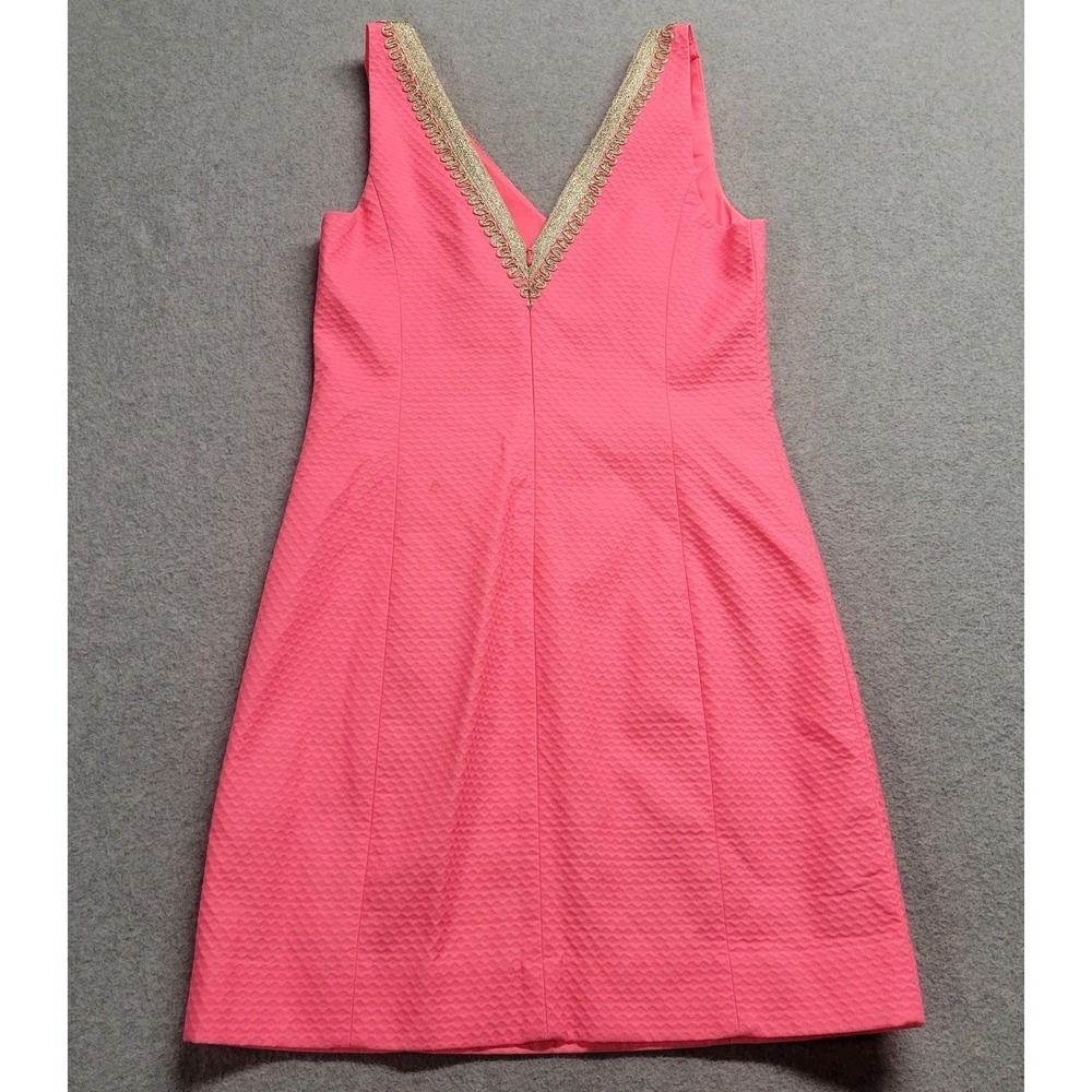 Lilly‎ Pulitzer Pink Seersucker Gold Soutache Embroidered V-Neck Shift Dress 0 - Picture 11 of 15